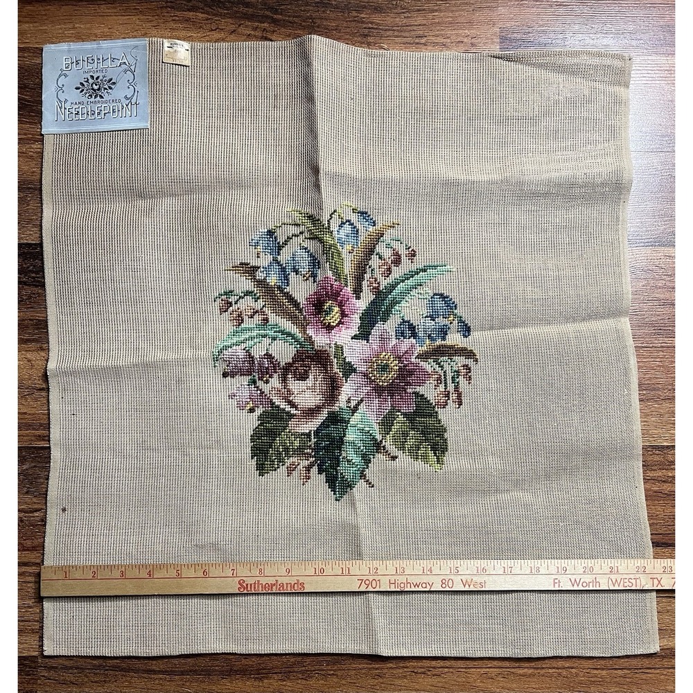 Vtg Bucilla Needlepoint Canvas Floral Bouquet Finished Flowers Unframed 22"x 22"
